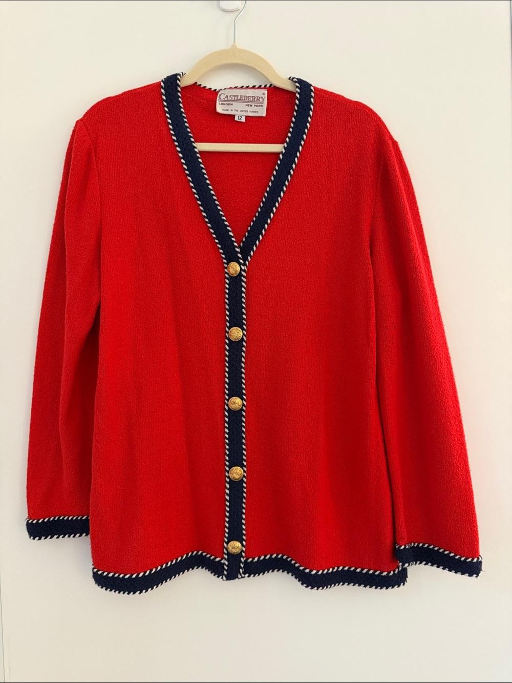 Cashmere-Blend Red V-Neck Button Cardigan with Navy Trim
